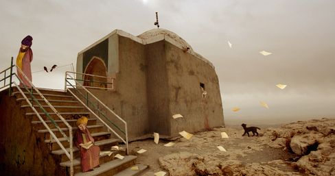 Animated figures by a staircase next to a domed building, surrounded by flying sheets of paper.