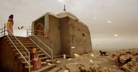 Animated figures by a staircase next to a domed building, surrounded by flying sheets of paper.