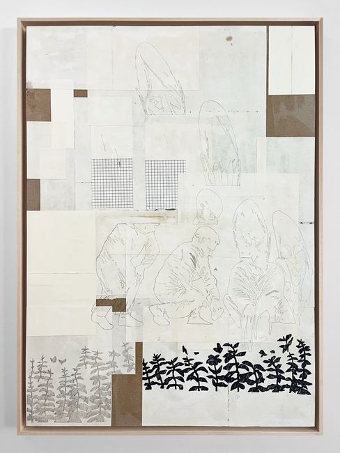 Collage aus mehreren Blättern mit skizzenhaften, schwarz-weißen Zeichnungen von Menschen in hockender Haltung und Pflanzenmotiven.