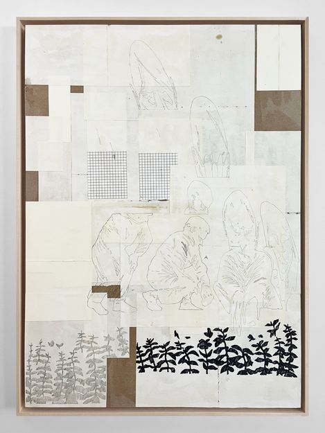 Collage aus mehreren Blättern mit skizzenhaften, schwarz-weißen Zeichnungen von Menschen in hockender Haltung und Pflanzenmotiven.