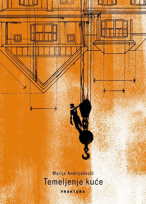 Orange book cover with an architectural drawing and the silhouette of a figure hanging from a crane hook.