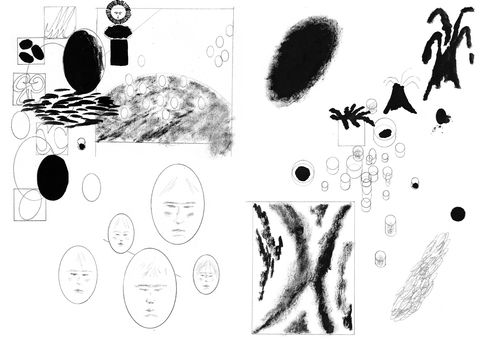 Black-and-white abstract composition with various oval, circular, and organic shapes and patterns on a white background.