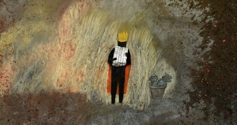 A painted figure wearing a yellow crown, red cape, and white shirt stands against a light background on a dark textured surface.