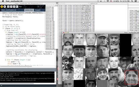 Screenshot of a programming environment showing code, a list of file paths, and a grid of distorted faces.