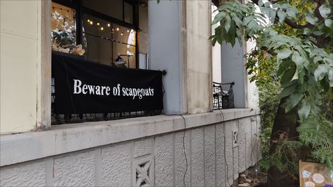 Black banner with white text "Beware of scapegoats" attached to a building facade with windows and plants in front.