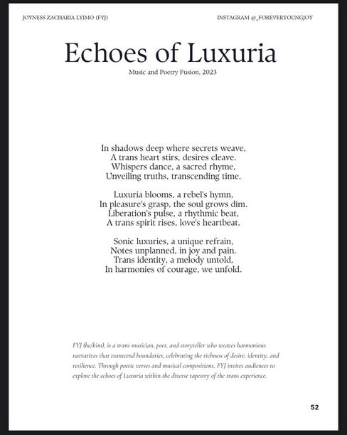 Black-and-white text page featuring the poem "Echoes of Luxuria" by Joyness Zacharia Lyimo (FYJ) and a brief author description.