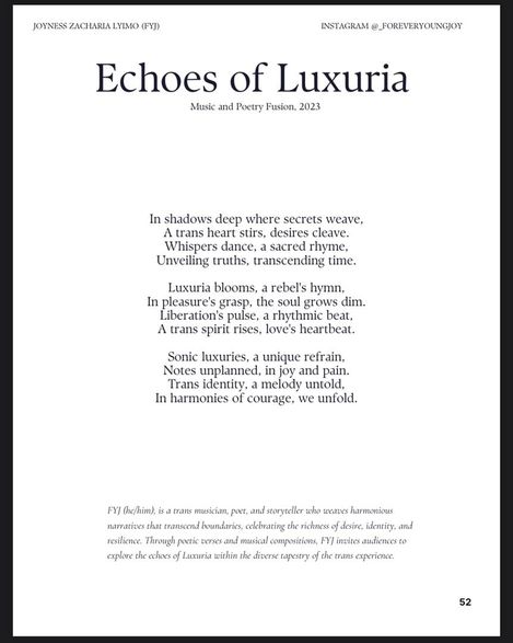 Black-and-white text page featuring the poem "Echoes of Luxuria" by Joyness Zacharia Lyimo (FYJ) and a brief author description.