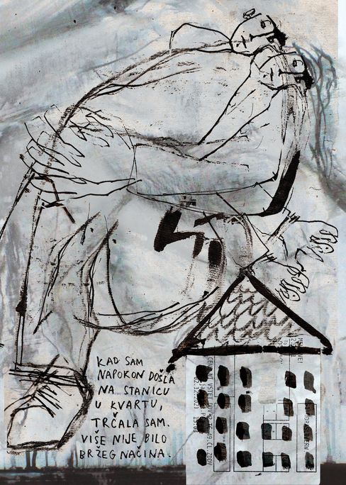 Black-and-white line drawing of an oversized embracing figure above a house with windows and a roof, with handwritten text in Serbo-Croatian below.