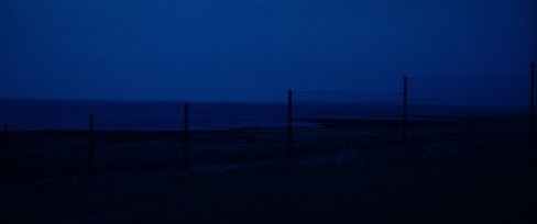 Dunkle Landschaft mit mehreren dünnen, vertikalen Pfosten vor einem dunklen Horizont bei Nacht.