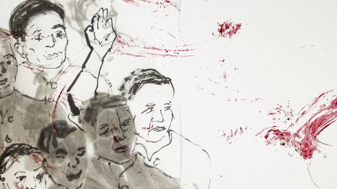 Sketch of several people with raised arms and red paint marks on a white background.