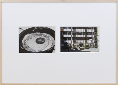 Two side-by-side photos, left a fried egg in a pan, right a residential building with balconies and windows.