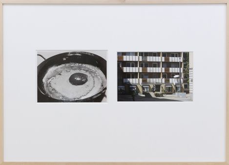 Two side-by-side photos, left a fried egg in a pan, right a residential building with balconies and windows.