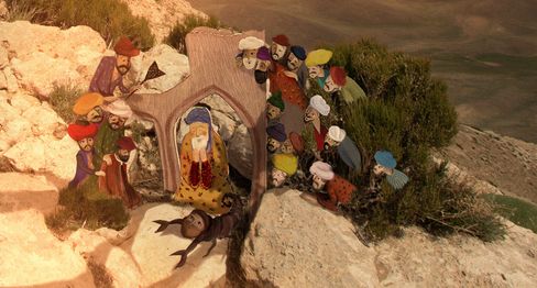 Group of illustrated figures gathered around an elderly man beneath a small stone arch.