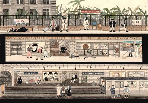 Three-level illustration of a subway station with people, animals, and various activities in a black-and-white style with some color accents.