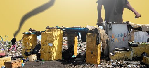 A person with long, tousled hair is pictured behind small yellow huts in a landscape littered with rubbish, with a sign reading "SECOND HAND".