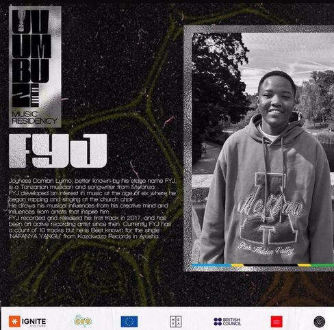 Portrait of a man in a hoodie standing by a river with text about his music career and logos of supporting organizations.