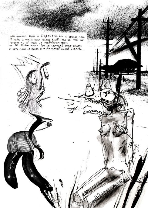 Black-and-white drawing showing two surreal figures, one with emphasized buttocks wearing fishnet stockings, the other with distorted face and outstretched arm, with power poles and a road in the background.