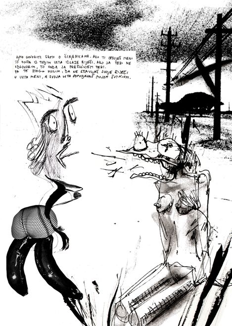 Black-and-white drawing showing two surreal figures, one with emphasized buttocks wearing fishnet stockings, the other with distorted face and outstretched arm, with power poles and a road in the background.