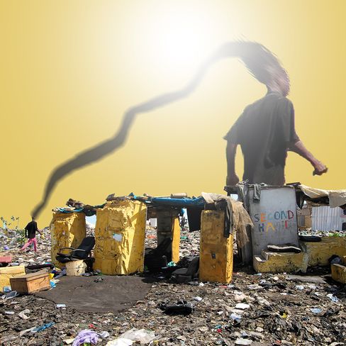 A person with long, tousled hair is pictured behind small yellow huts in a landscape littered with rubbish, with a sign reading "SECOND HAND".