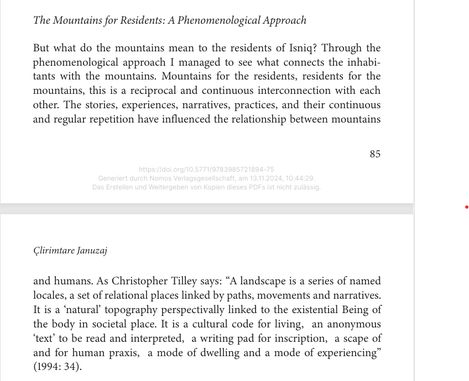 Two pages of a book with text about the meaning of mountains for residents and a quote from Christopher Tilley.
