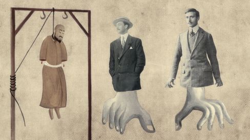 Collage of historical photography and illustration: a hanging figure beside two men with surreal hand-shaped bodies.