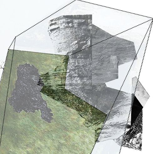 Transparente, überlappende Flächen mit Landschafts- und Felsstrukturen in einem dreidimensionalen, durch gestrichelte Linien angedeuteten Würfel.