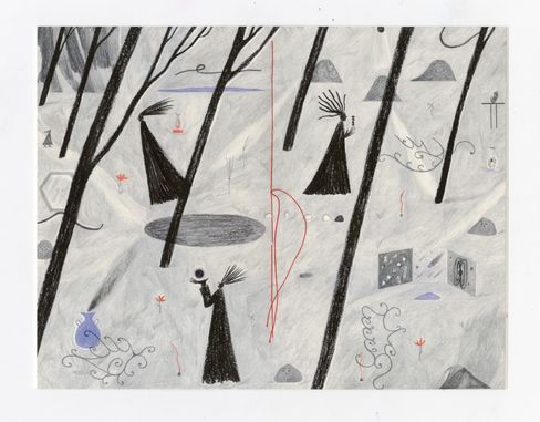 Detail einer grauen, surrealen Zeichnung mit stilisierten Figuren, Bäumen und symbolischen Elementen in einer traumartigen Landschaft.