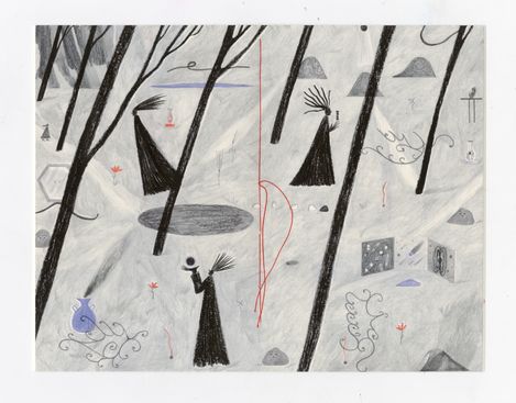 Detail einer grauen, surrealen Zeichnung mit stilisierten Figuren, Bäumen und symbolischen Elementen in einer traumartigen Landschaft.