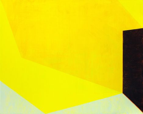 Abstract composition of yellow and black geometric shapes with diagonal lines