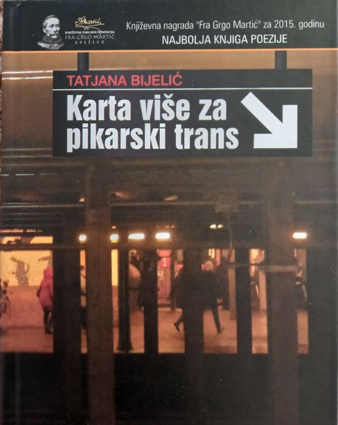 Book cover titled "Karta više za pikarski trans" by Tatjana Bijelić showing people inside a lit interior with glass walls.