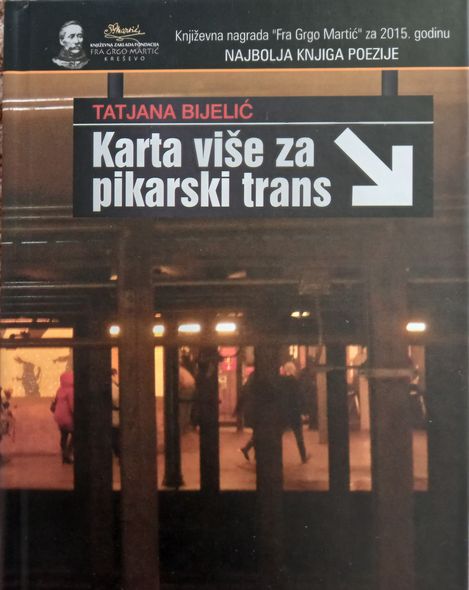 Book cover titled "Karta više za pikarski trans" by Tatjana Bijelić showing people inside a lit interior with glass walls.