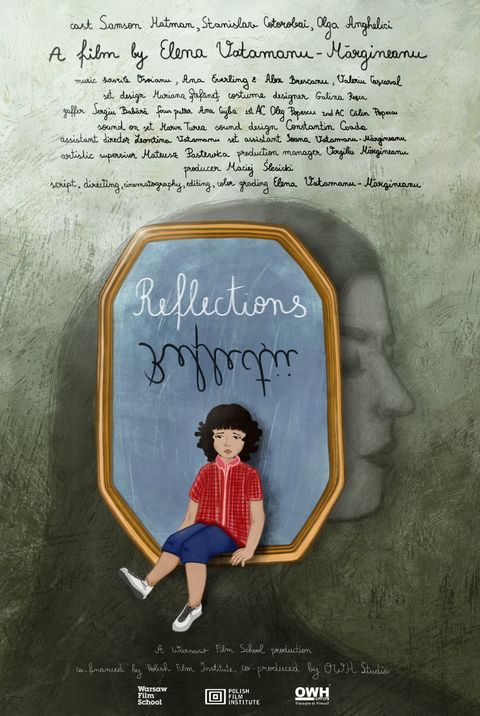 Illustriertes Filmplakat mit handschriftlichen Credits und einem Kind, das vor einem Spiegel sitzt; darüber der Titel „Reflections“.