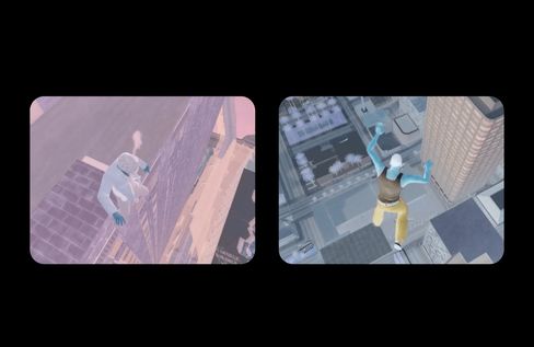 Two stylized digital figures appear to fall or float between skyscrapers above a city.