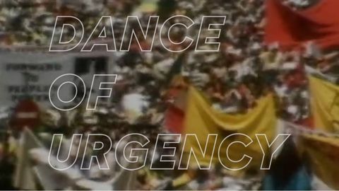 colorful background with a white text saying "Dance of Urgency"