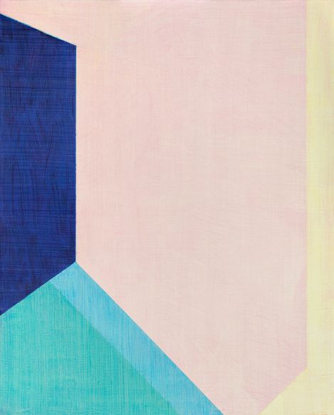 Abstract geometric composition of colored shapes in blue, turquoise, pink, and pale yellow