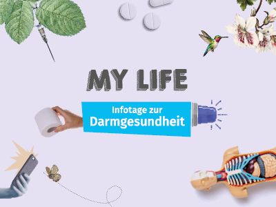 Bunte Collage mit MY LIFE und Infotage zur Darmgesundheit – Gesundheitsinfos.