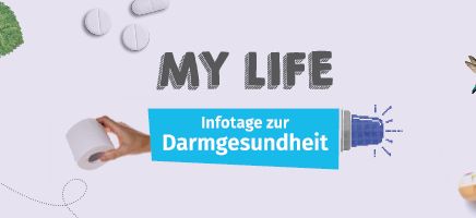 Banner mit MY LIFE und Infotage zur Darmgesundheit, umgeben von Pillen, Pflanzen und medizinischen Symbolen.