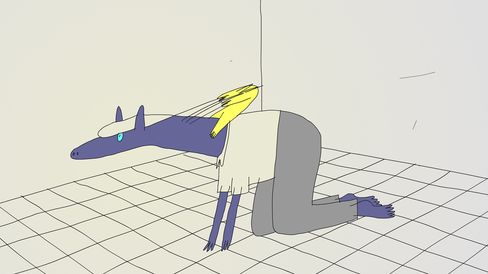 Figure with long animal-like head and human body on hands and knees in a tiled room.