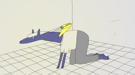 Figure with long animal-like head and human body on hands and knees in a tiled room.