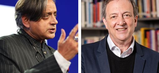 Two men, one speaking at an event with a blue background, and one smiling in front of bookshelves, are shown side by side in a split image.