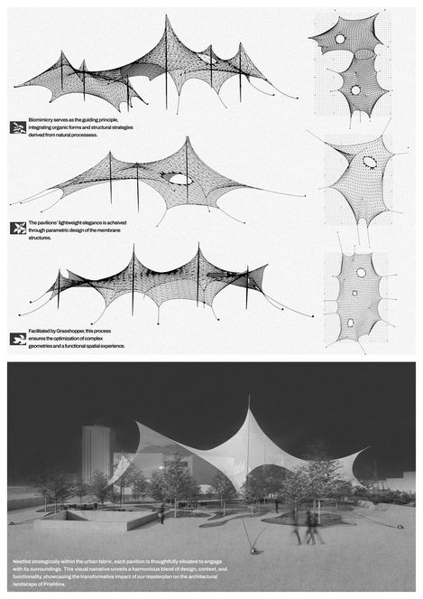 Black-and-white technical drawings and schematic diagrams of a biomimetic membrane structure with textual explanations and a perspective rendering of the membrane construction in an urban park with trees and people.