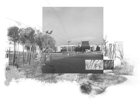 Black-and-white collage featuring a central photo of a square with trees, street lamps, and buildings, surrounded by sketch-like drawings of trees and landscape elements.