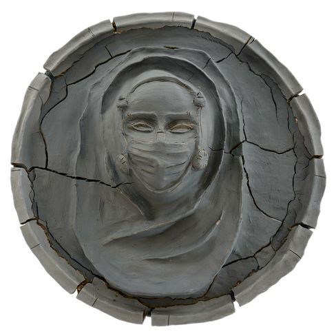 Round cracked relief with an abstract human figure in the center.