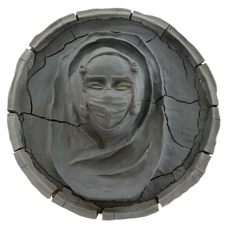 Round cracked relief with an abstract human figure in the center.