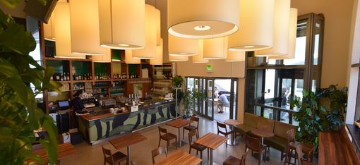 Interior of a café with wooden tables, chairs, a bar with shelves, and several round ceiling lights
