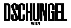 Schwarz-weißer Schriftzug mit dem Text 'DSCHUNGEL' in großer Schrift und 'WIEN' darunter in kleinerer Schrift