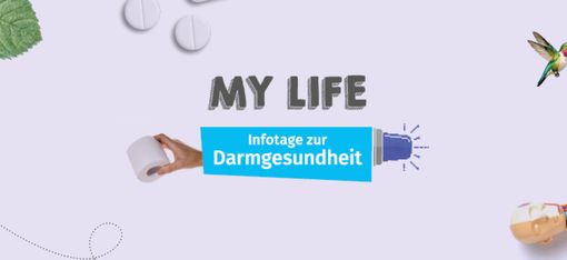 Pastel banner 'MY LIFE' promoting Infotage zur Darmgesundheit, with pills, leaves, and a hand holding a mug.