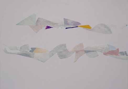 Two horizontal rows of abstract, irregular pastel shapes on a light background.
