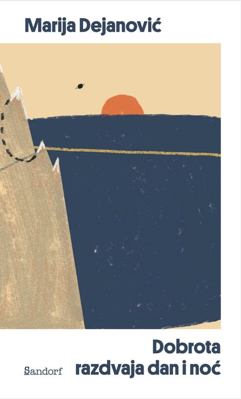Abstract illustration showing a red semicircle above a dark blue rectangle with a beige background and a beige angular shape on the left with a black line and a small black dot above it