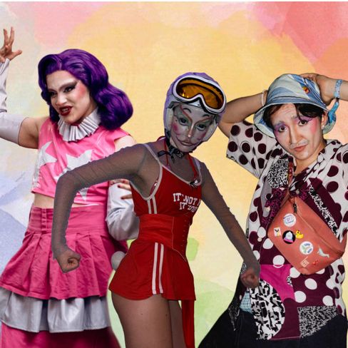 Three people in distinctive costumes against a colorful background, one wearing a pink ruffled dress, another in a red cheerleader outfit, and the third in a polka-dot shirt with a crossbody bag.
